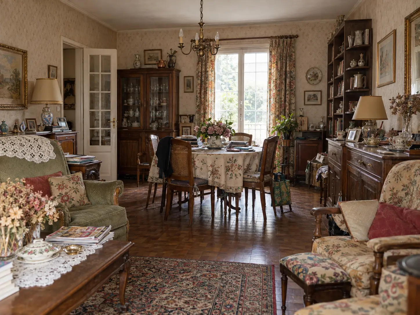 Salon ancien encombré par les objets du quotidien avant débarras